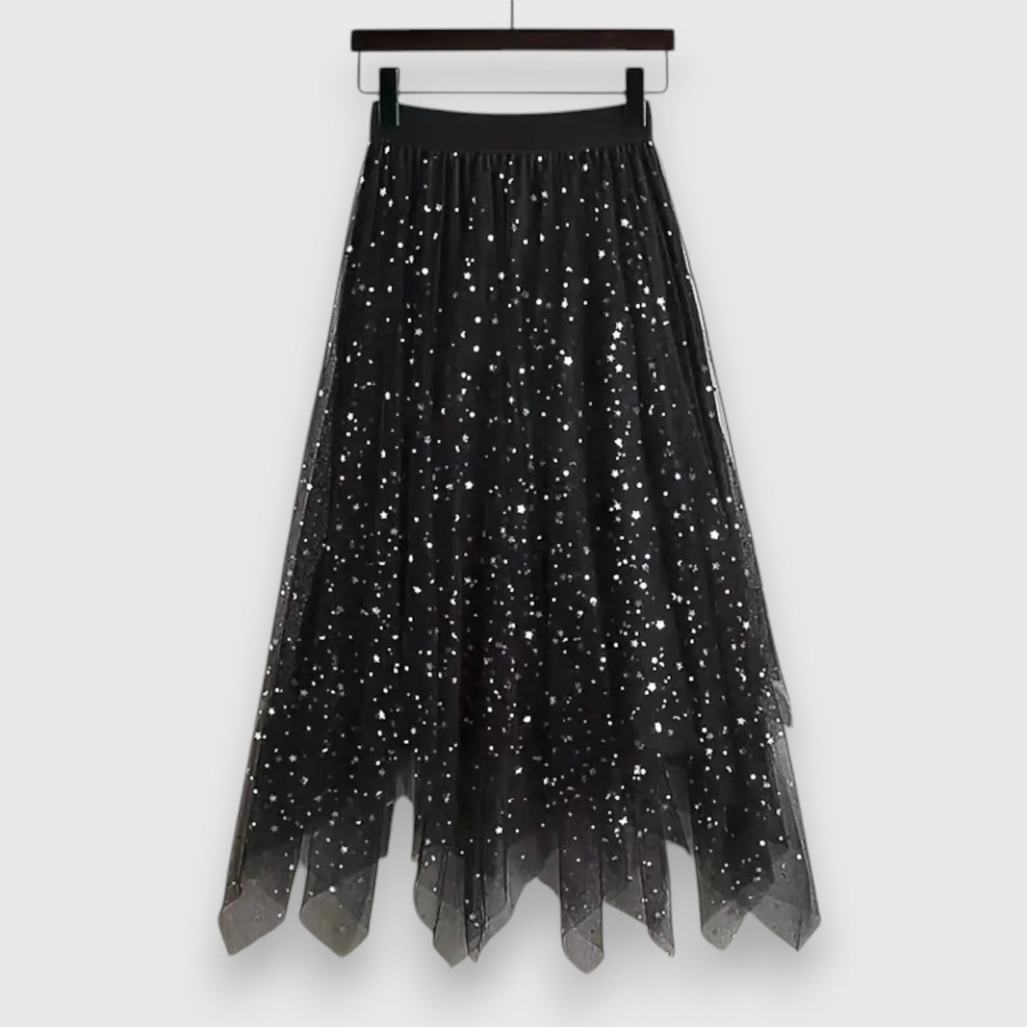 Elegant Star Sequin Tulle Skirt for Women with High Waist Asymmetrical Handkerchief Hem Flowing Style