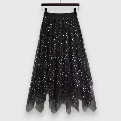 Elegant Star Sequin Tulle Skirt for Women with High Waist Asymmetrical Handkerchief Hem Flowing Style