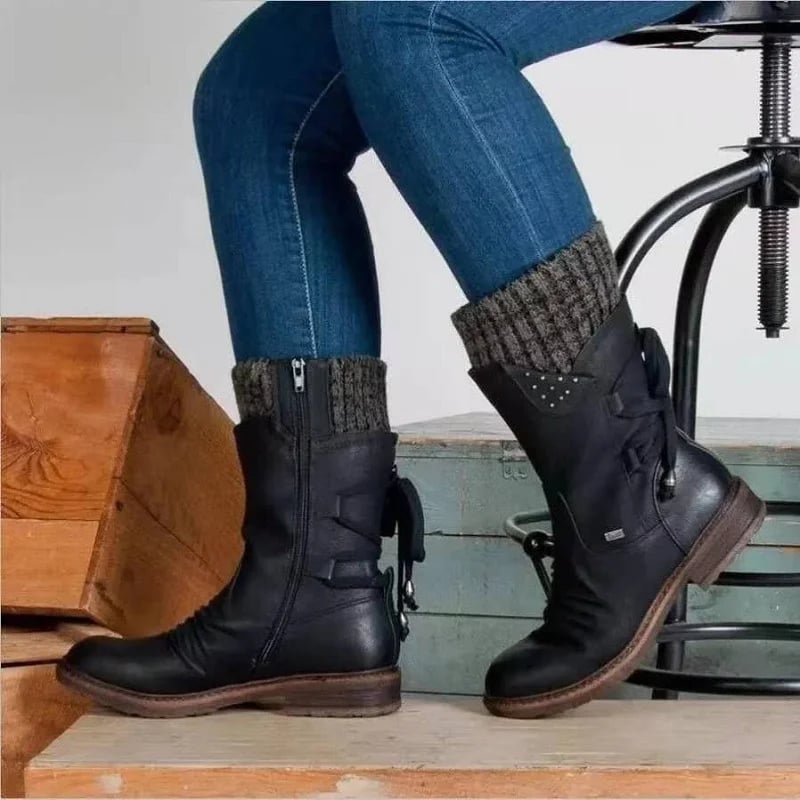 Comfortable Suede Rainproof Boots for Women with Knit Cuff Lace Up Chunky Heel Winter Style