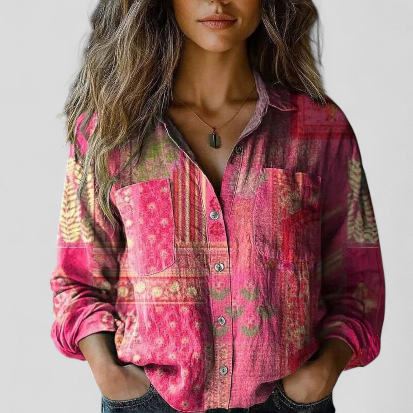 Effortless Patchwork Floral Blouse for Women with Collar Long Sleeve Button Front Bohemian Style