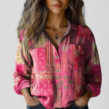 Effortless Patchwork Floral Blouse for Women with Collar Long Sleeve Button Front Bohemian Style