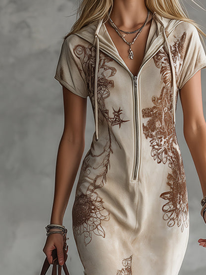 Effortless Off-White Tribal Print Hooded Maxi Dress for Women with Zip Front Short Sleeve Fringe Hem Bohemian Style