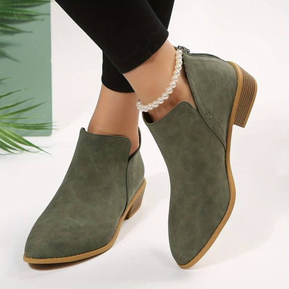 Elegant Olive Green Ankle Boots for Women with Pointed Toe Block Heel Zipper Western Style