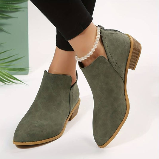 Elegant Olive Green Ankle Boots for Women with Pointed Toe Block Heel Zipper Western Style