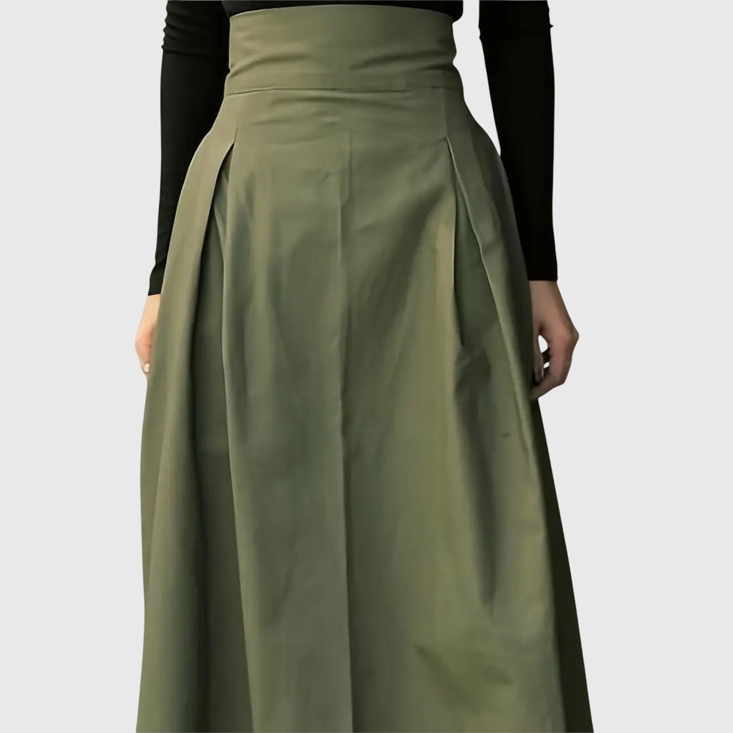 Elegant Green Pleated Maxi Skirt for Women with High Waist Tie Back A Line Flowing Style