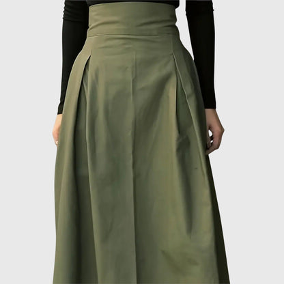 Elegant Green Pleated Maxi Skirt for Women with High Waist Tie Back A Line Flowing Style