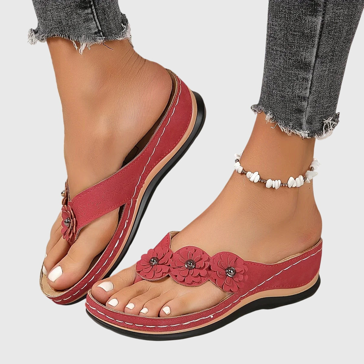 Comfortable Floral Wedge Sandals for Women with Toe Post Strap Cushioned Comfort Style