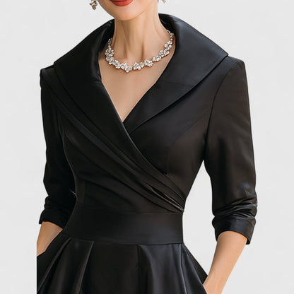 Elegant Satin Midi Dress for Women with Shawl Collar Wrap Front Elbow Sleeve Pleated Flowing Style