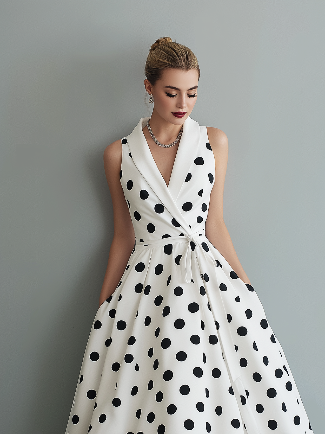 Elegant White Polka Dot Midi Dress for Women with Shawl Collar Sleeveless Wrap Fit and Flare Style