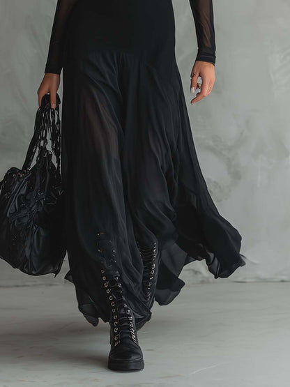 Elegant Black Mesh Maxi Dress for Women with Illusion Neck Long Sleeve Flowing Gothic Style