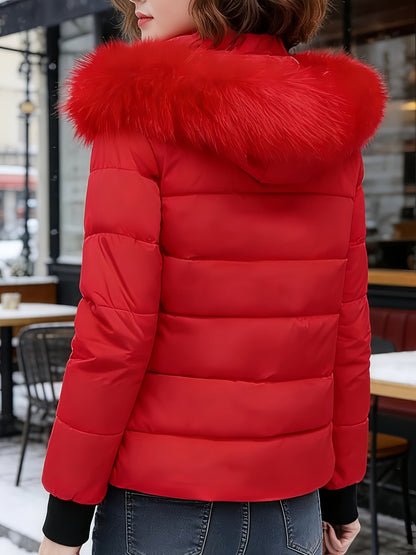 Warm Red Puffer Ski Jacket for Women with Faux Fur Hood Long Sleeve Front Zip Padded Style