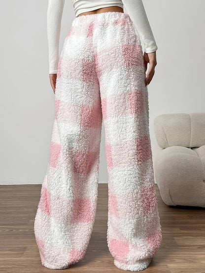 Warm Plaid Plush Sweatpants for Women with Elastic Drawstring Wide Leg Fleece Loungewear Style