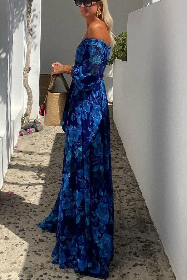 Effortless Blue Floral Maxi Dress for Women with Off Shoulder Bell Sleeve Flowing Bohemian Style