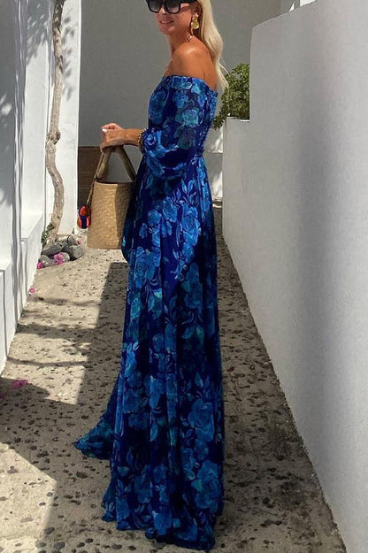 Effortless Blue Floral Maxi Dress for Women with Off Shoulder Bell Sleeve Flowing Bohemian Style
