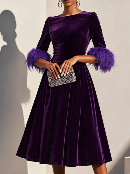Effortless Velvet Semi Formal Dress for Women with Round Neck Feather Trim Sleeve Flared Midi Occasion Style