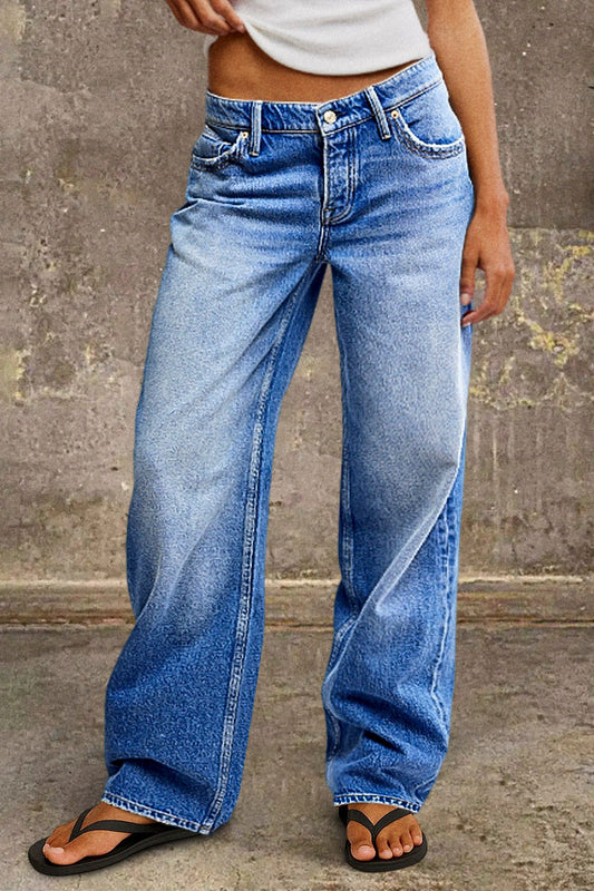 Effortless Wide Leg Jeans for Women with Low Rise Faded Wash Relaxed Casual Style