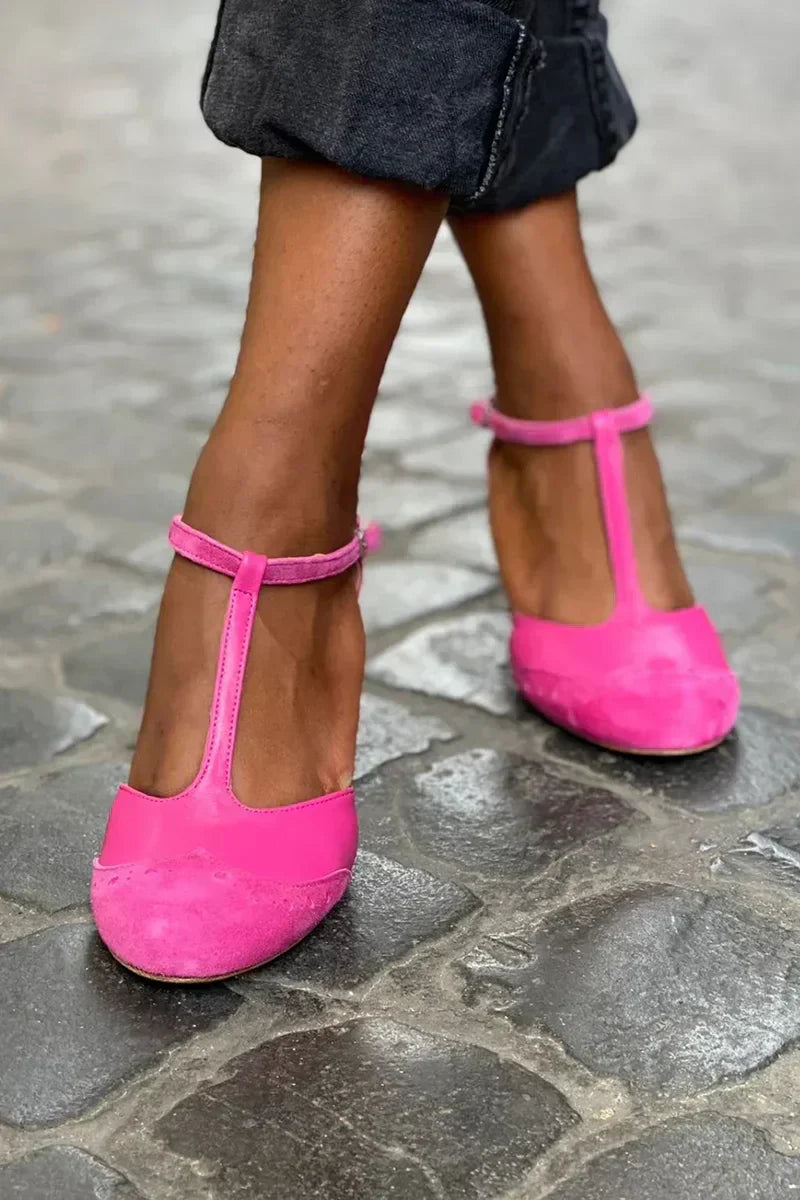Elegant Colorblock T Strap Pump for Women with Round Toe Buckle Strap Perforated Block Heel Style