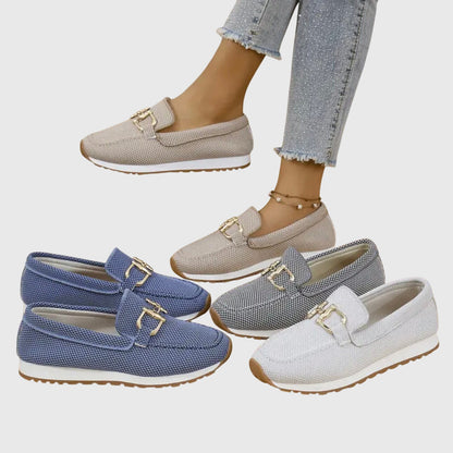 Effortless Knit Mesh Loafer Sneakers for Women with Gold Horsebit Buckle Platform Slip On Style