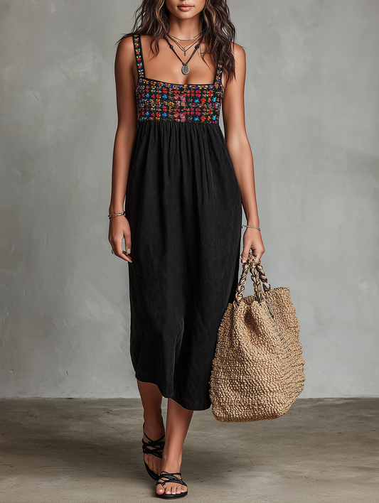 Elegant Black Floral Embroidered Midi Dress for Women with Square Neck Sleeveless Empire Waist Flowing Boho Style