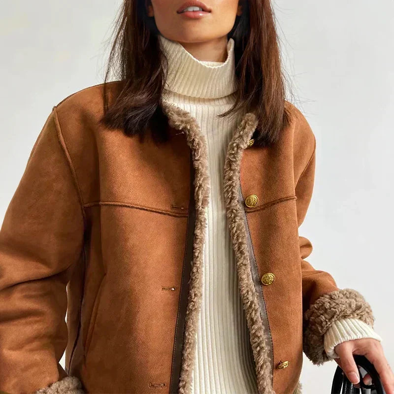 Women's Brown Shearling Suede Button Jacket