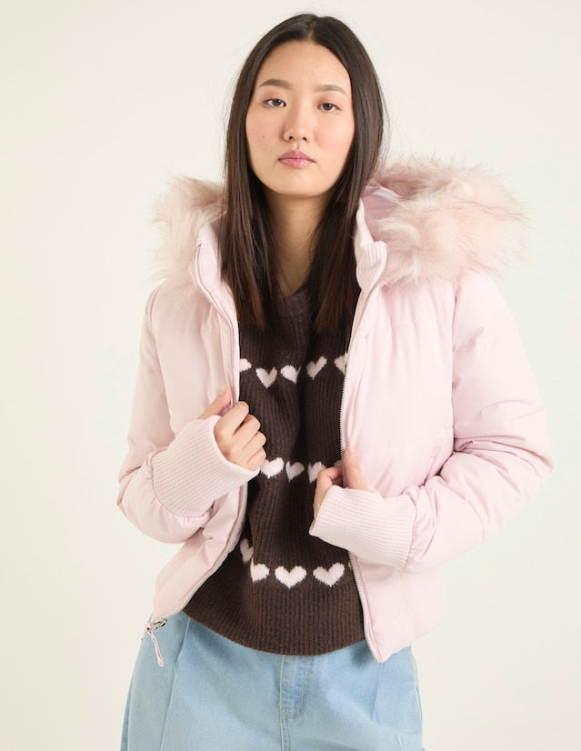 Women's Cropped Faux Fur Hood Puffer Jacket