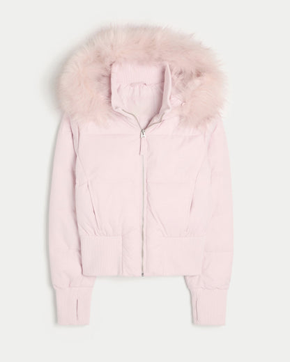 Women's Cropped Faux Fur Hood Puffer Jacket