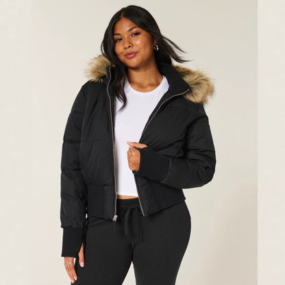 Women's Cropped Faux Fur Hood Puffer Jacket
