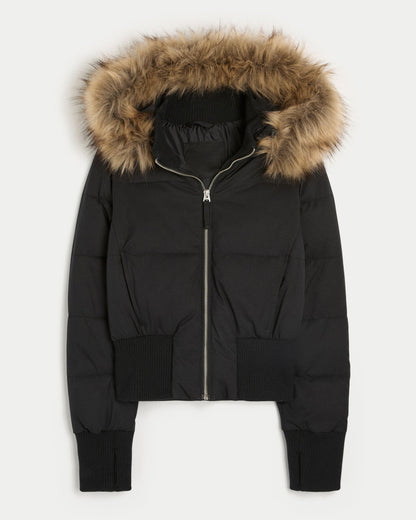 Women's Cropped Faux Fur Hood Puffer Jacket