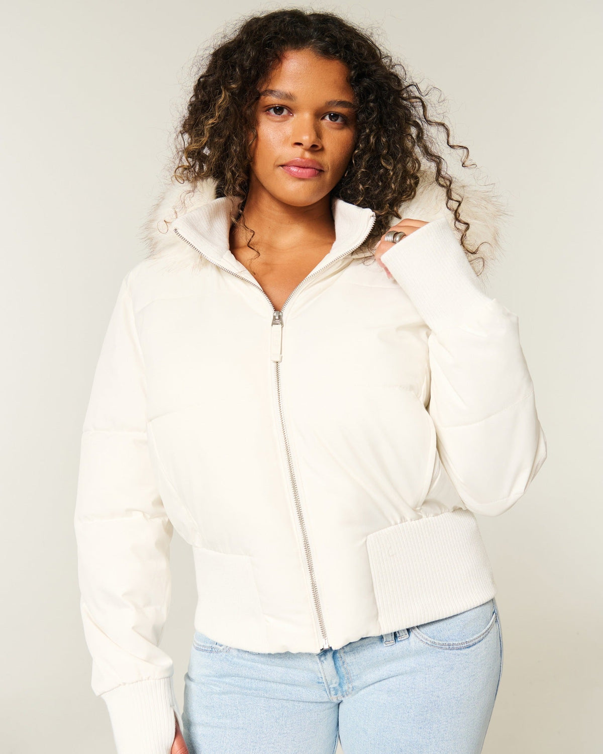 Women's Cropped Faux Fur Hood Puffer Jacket