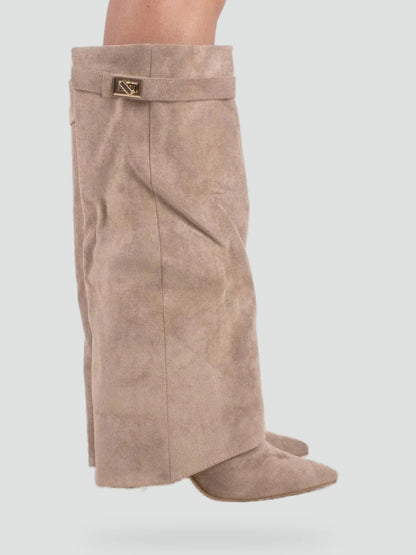 Women's Suede Fold Over Gold Clasp Knee High Boots