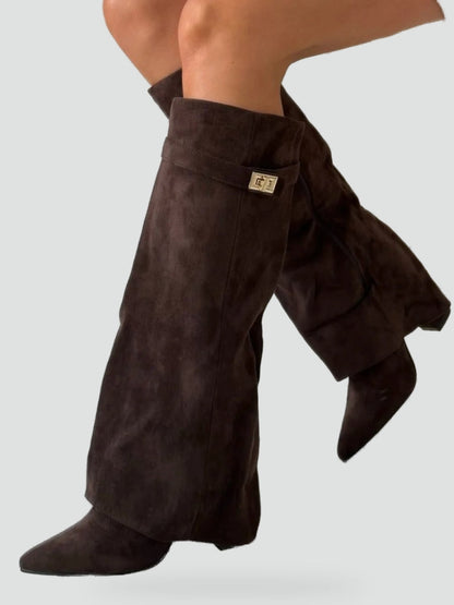 Women's Suede Fold Over Gold Clasp Knee High Boots