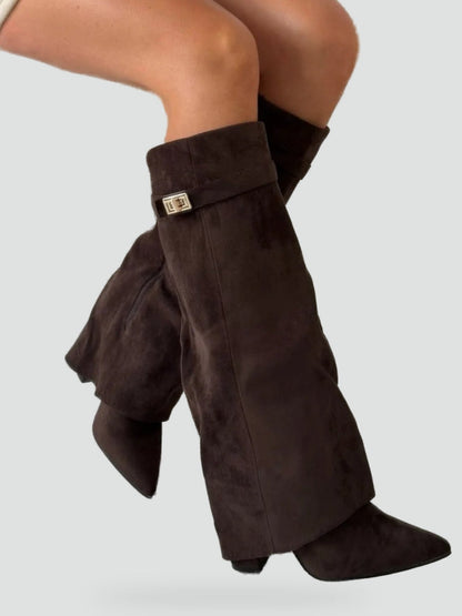 Women's Suede Fold Over Gold Clasp Knee High Boots