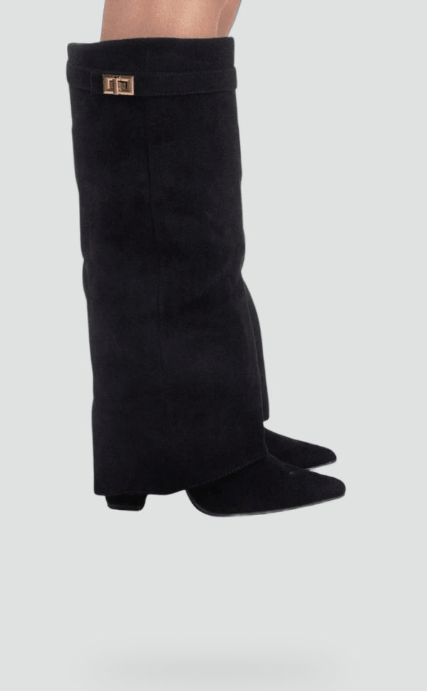 Women's Suede Fold Over Gold Clasp Knee High Boots