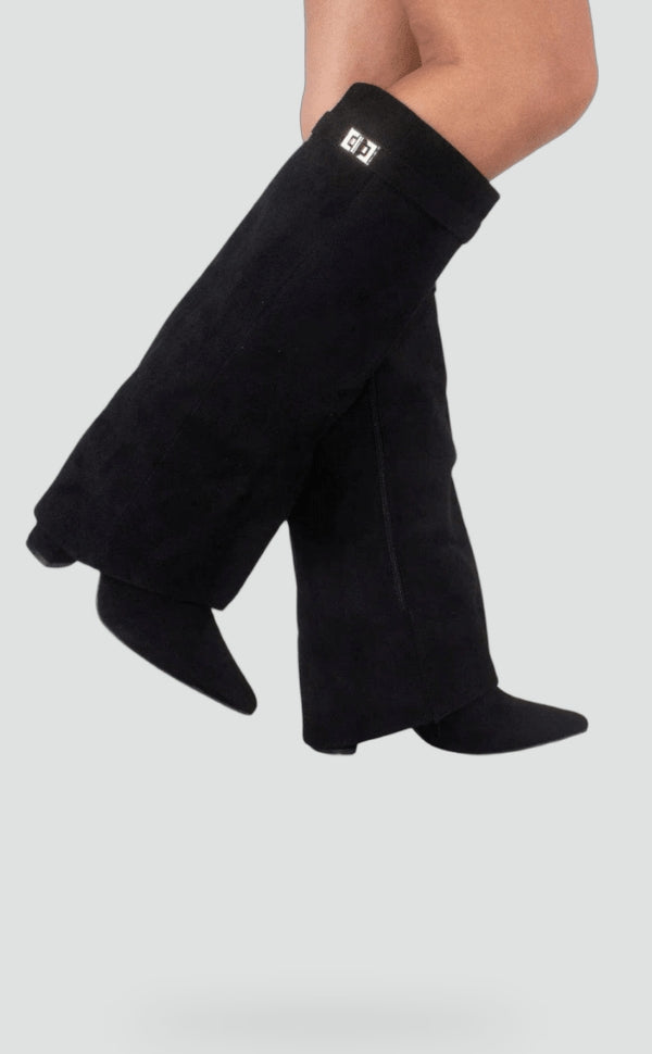 Women's Suede Fold Over Gold Clasp Knee High Boots