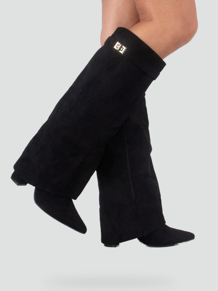 Women's Suede Fold Over Gold Clasp Knee High Boots