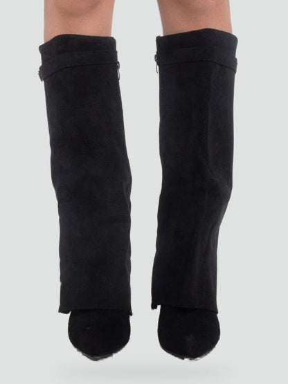 Women's Suede Fold Over Gold Clasp Knee High Boots