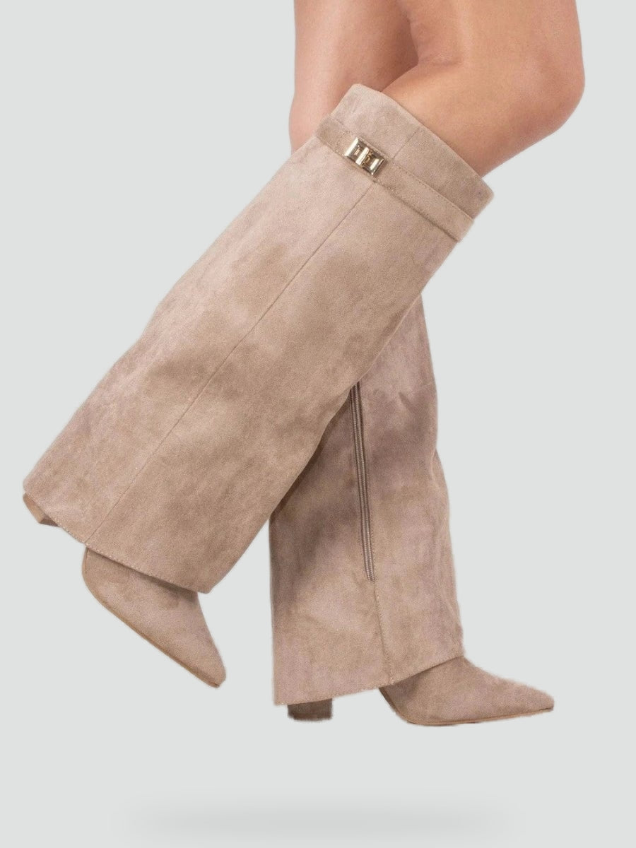 Women's Suede Fold Over Gold Clasp Knee High Boots