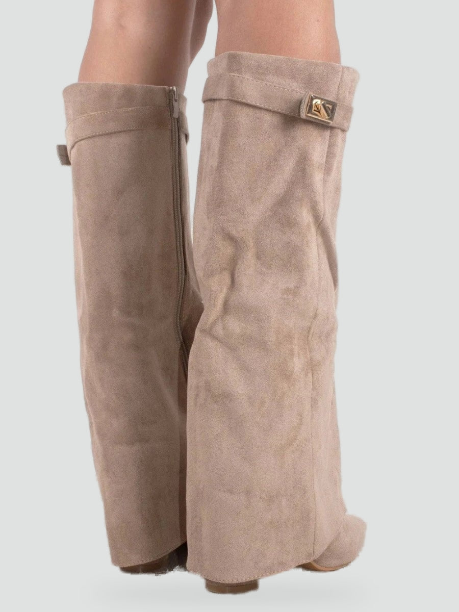 Women's Suede Fold Over Gold Clasp Knee High Boots
