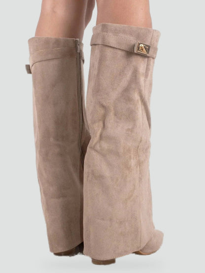 Women's Suede Fold Over Gold Clasp Knee High Boots