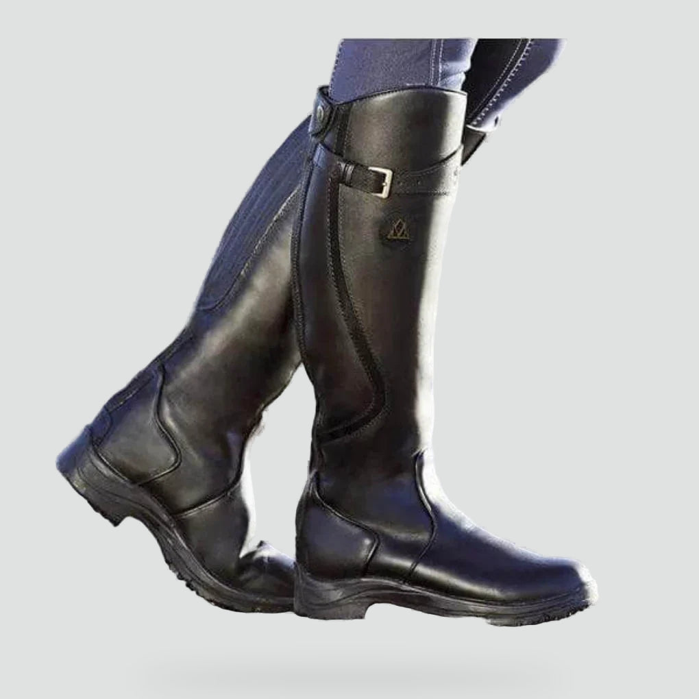 Women's Leather Buckle Strap Knee High Boots