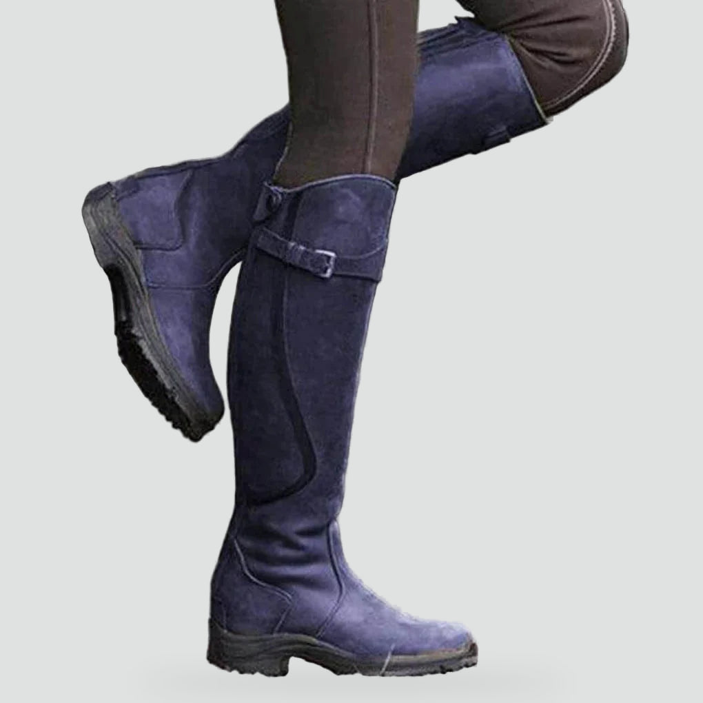 Women's Leather Buckle Strap Knee High Boots