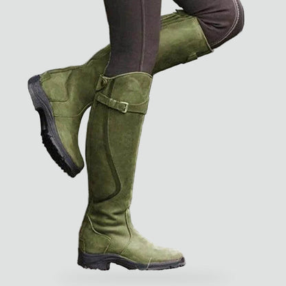 Women's Leather Buckle Strap Knee High Boots
