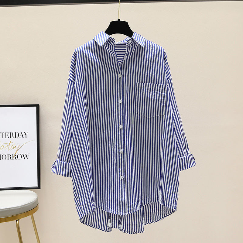 Effortless Striped Blouse for Women with Collar Long Sleeve Oversized High Low Hem Relaxed Style