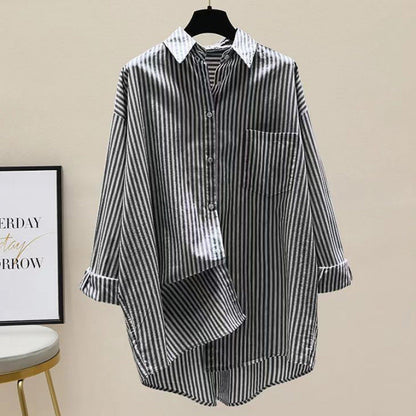 Effortless Striped Blouse for Women with Collar Long Sleeve Oversized High Low Hem Relaxed Style