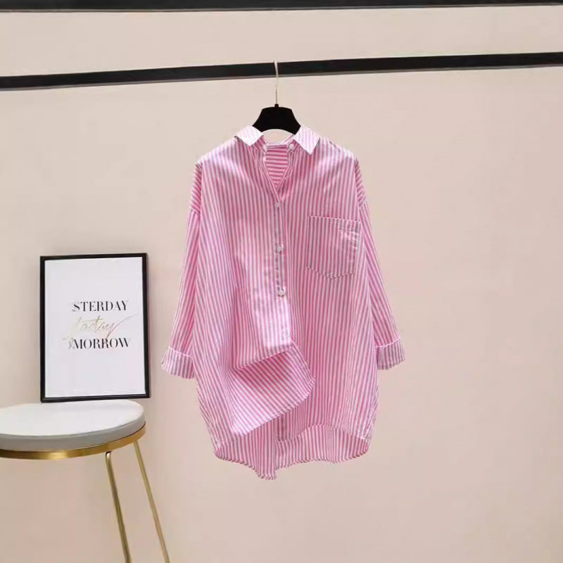 Effortless Striped Blouse for Women with Collar Long Sleeve Oversized High Low Hem Relaxed Style