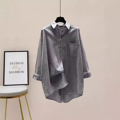 Effortless Striped Blouse for Women with Collar Long Sleeve Oversized High Low Hem Relaxed Style