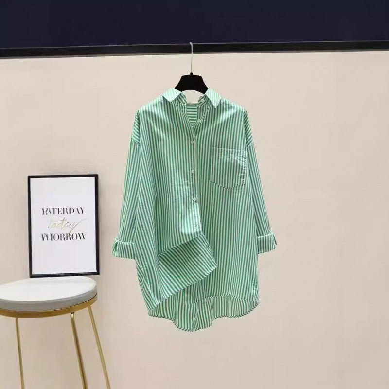 Effortless Striped Blouse for Women with Collar Long Sleeve Oversized High Low Hem Relaxed Style