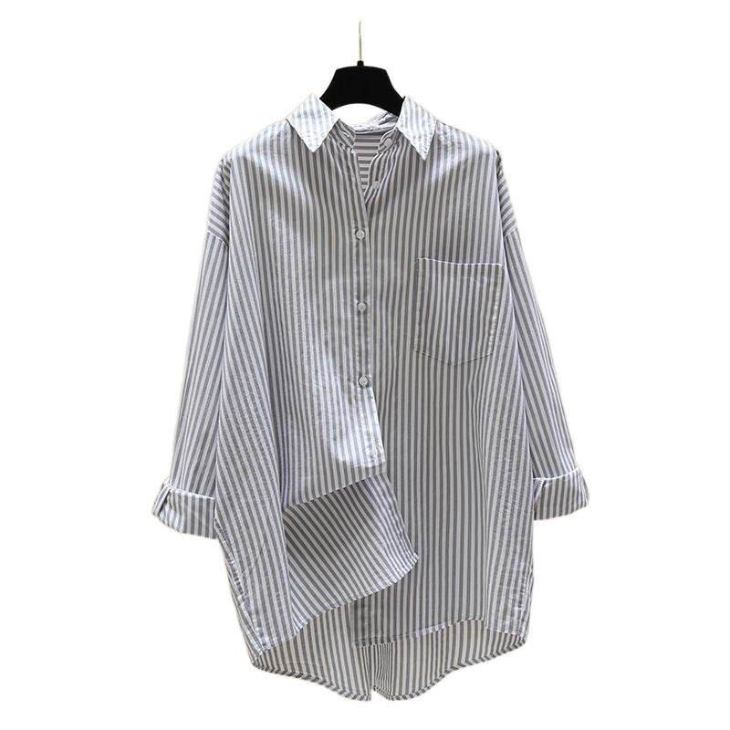 Effortless Striped Blouse for Women with Collar Long Sleeve Oversized High Low Hem Relaxed Style