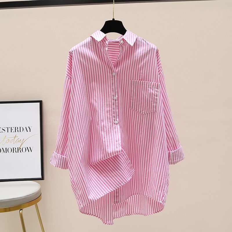 Effortless Striped Blouse for Women with Collar Long Sleeve Oversized High Low Hem Relaxed Style