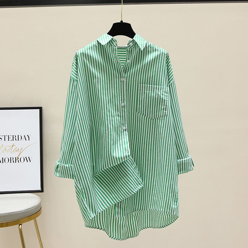Effortless Striped Blouse for Women with Collar Long Sleeve Oversized High Low Hem Relaxed Style